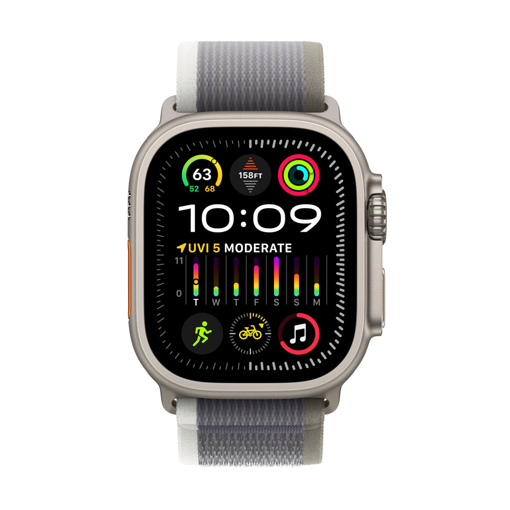 Apple Watch Ultra 2 (GPS + Cellular) 49mm Titanium Case with Green/Gray Trail Loop S/M - MRF33LL/A