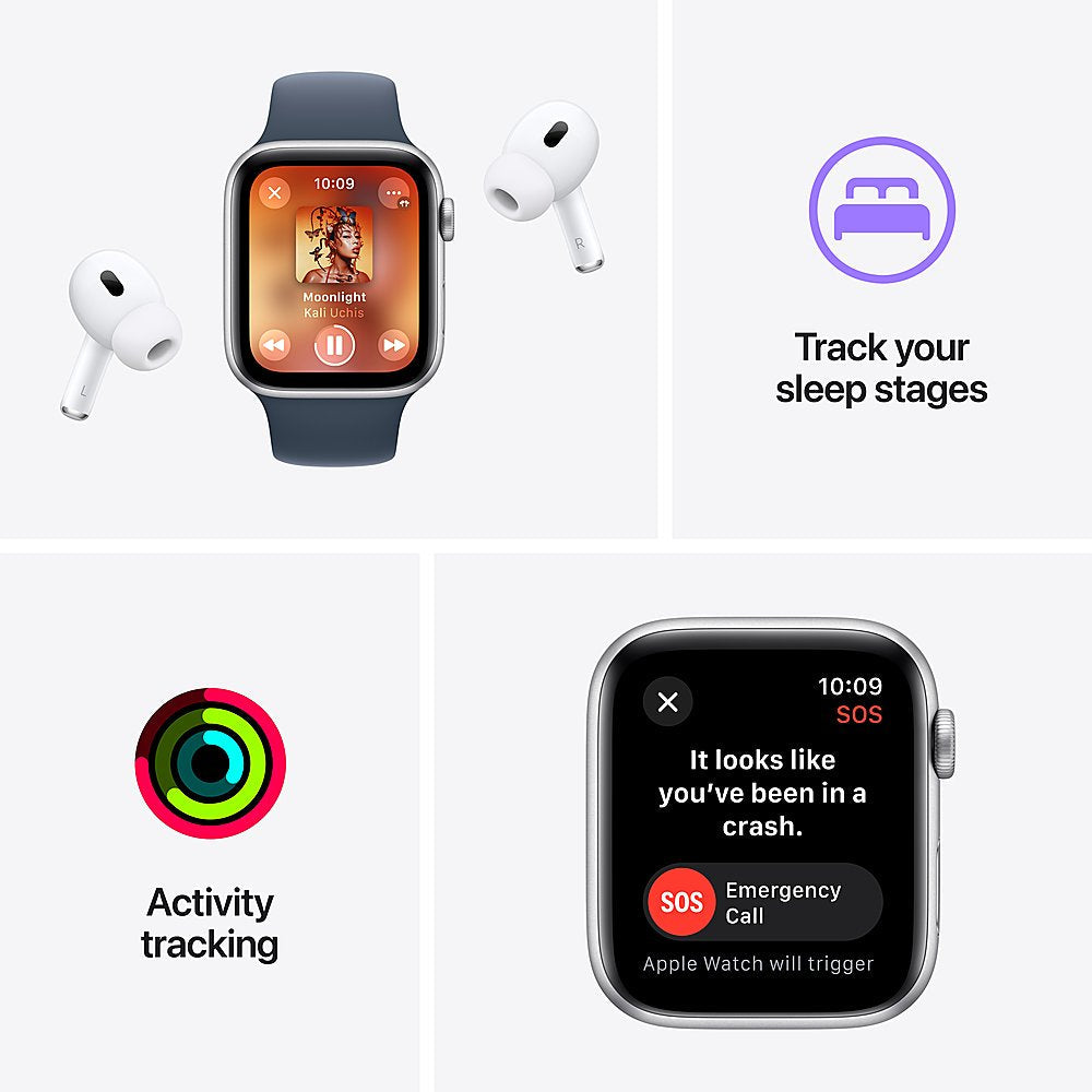 Apple Watch SE 2nd Generation (GPS + Cellular) 44mm Silver Aluminum Case with Storm Blue Sport Band S/M - MRHE3LL/A